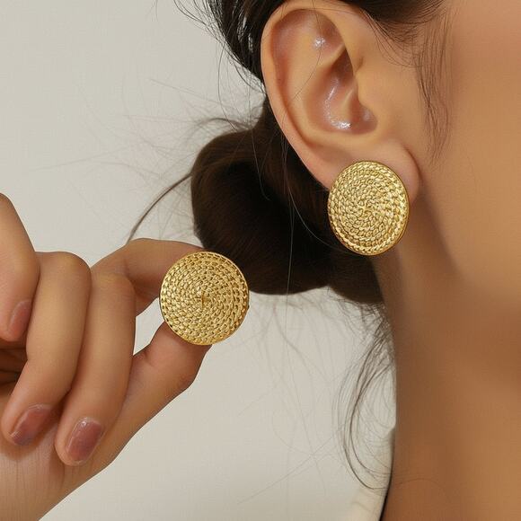 Clip on 1" textured gold thin round button style earrings - Picture 1 of 4